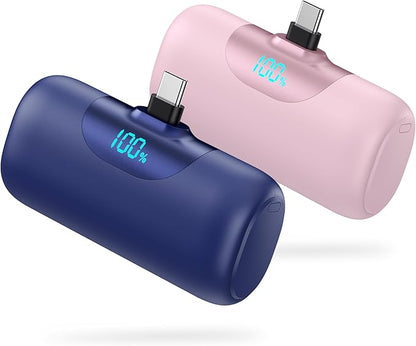 [2-Pack] 5500mAh Portable Charger for iPhone 17/16, LCD Display USB C Mini Power Bank, PD Fast Charging Travel Lipstick Sized Battery Pack for iPhone 17/16/15 Pro Max, Galaxy S25/S24, Pixel(Navy+Pink)