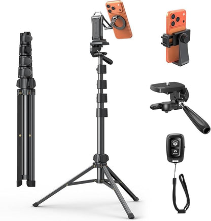 OMOTON TS01 65" Magnetic Phone Tripod for iPhone & Camera, Cell Phone Stand with Remote, Stable Height Adjustable Multi-Angle Shot Selfie Stick Tripod for Video Recording, Live Streaming, Black Set