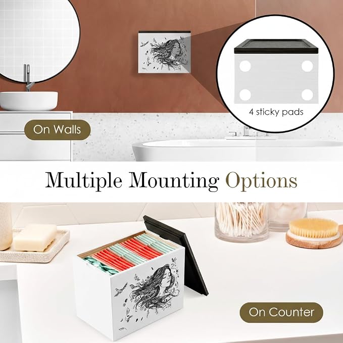 HOTCAN Discreet Tampon Holder for Bathroom with Vanity Tray Lid, Tampon Organizer for bathroom for Wall or Countertop Mount, Wood Pad Dispenser, Feminine Product Organizer