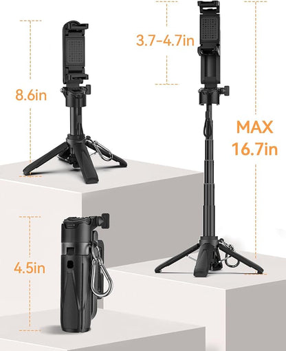 Takerers Portable Selfie Stick Tripod with Remote【Pocket Size】 4-in-1 Extendable Cell Phone Tripod【360° Rotation】 Mini Selfie Stick for iPhone Android Phone Holder for Video Recording Live Streaming