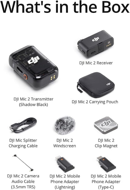 DJI Mic 2 (1 TX + 1 RX), Wireless Microphone with Intelligent Noise Cancelling, 32-bit Float Internal Recording, Optimized Sound, 250m (820 ft.) Range, Microphone for iPhone, Android, Camera, Vlogs