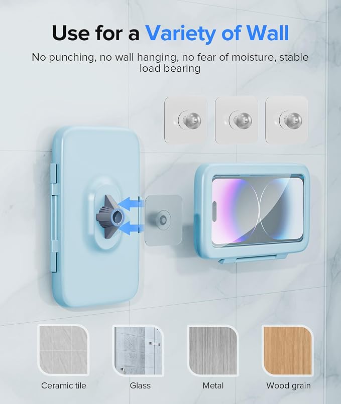 LC-dolida Shower Phone Holder Waterproof Gift for Men Women Universal Phone Stand Case Bathroom Wall Mount for iPhone 17 16 15 14 13 12 Pro Max XS XR up to 6.8" (Sky Blue)