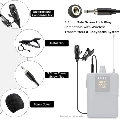 Lavalier Lapel Microphone Unidirectional Condenser Super Cardioid Mic Compatible with Wireless Bodypack Transmitter System with 3.5mm Thread Screw Plug