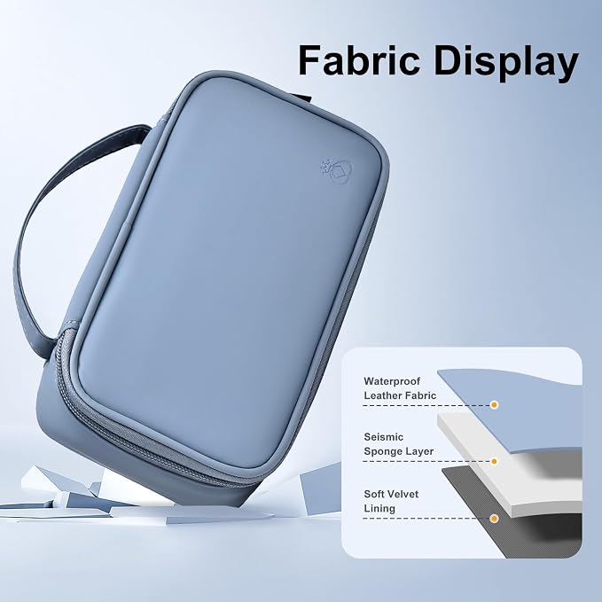 Portable Charger Organizer Travel Case Shockproof Power Bank Bag for Anker/Jackery/RAV/20000/30000mAh Power Bank Leather Electronic Case for PowerCore (Gray&Blue, Single Layer-Large)