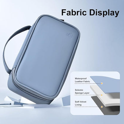 Portable Charger Organizer Travel Case Shockproof Power Bank Bag for Anker/Jackery/RAV/20000/30000mAh Power Bank Leather Electronic Case for PowerCore (Gray&Blue, Single Layer-Large)