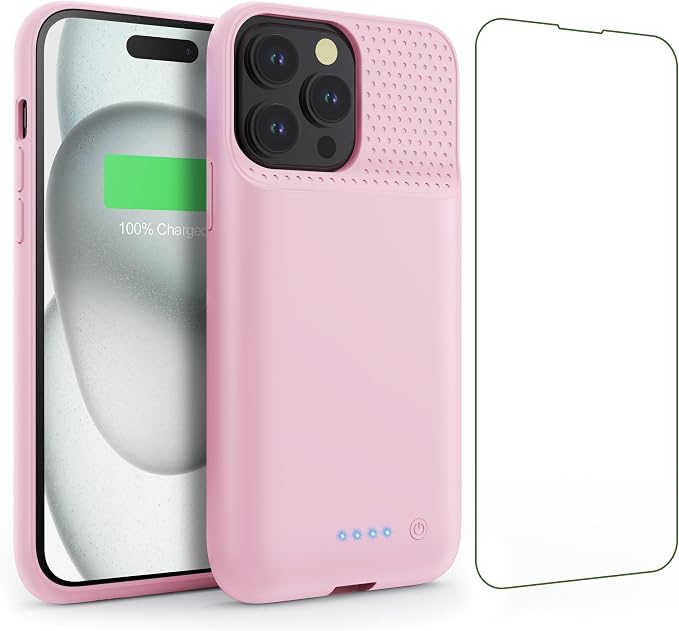 Feob Battery Case for iPhone 15Pro (6.1Inch), Real 7500mAh Ultra Slim Portable & 15W Fast Charging, Rechargeable Protective Extended Charger Case Cover Only for iPhone 15Pro Charging Case-Pink