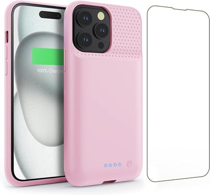 Feob Battery Case for iPhone 15Pro (6.1Inch), Real 7500mAh Ultra Slim Portable & 15W Fast Charging, Rechargeable Protective Extended Charger Case Cover Only for iPhone 15Pro Charging Case-Pink