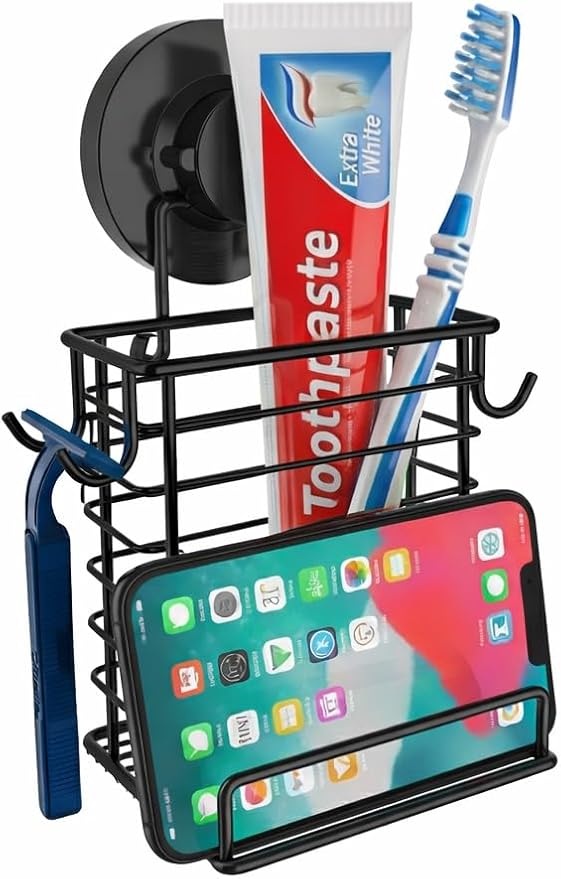 Toothbrush Holder Suction Cup Wall Mounted Toothpaste and Toothbrushes Holder Shelf for Soap Dish or Phone Powerful Vacuum System Rustproof Stainless Steel Organizer Electric Toothbrush (Black)