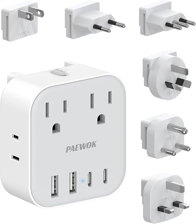 European Travel Plug Adapter Set, 8-in-1 Travel Adapter with 4 Outlets | Universal Travel Adapter, Type C/G/D/L/A/I Detachable Plugs, 4 USB Ports (2 USB C), US to UK/EU, International Power Adapter