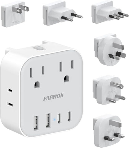 European Travel Plug Adapter Set, 8-in-1 Travel Adapter with 4 Outlets | Universal Travel Adapter, Type C/G/D/L/A/I Detachable Plugs, 4 USB Ports (2 USB C), US to UK/EU, International Power Adapter