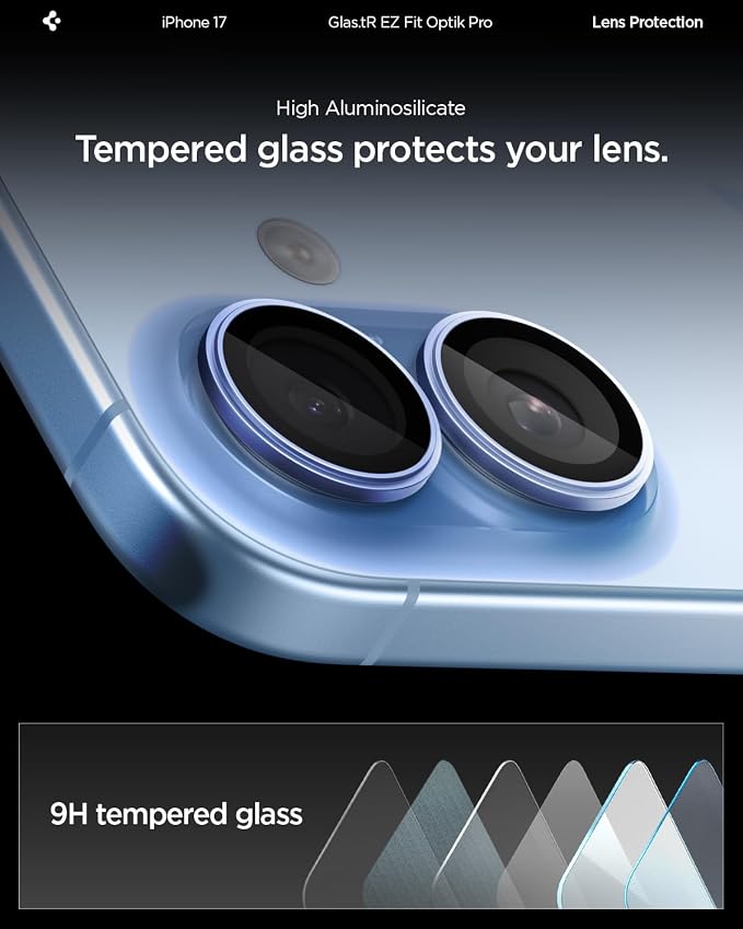 Spigen Camera Lens Screen Protector [GlasTR EZ Fit Optik Pro] Designed for iPhone 17 [Case Friendly] - Mist Blue [2 Pack]