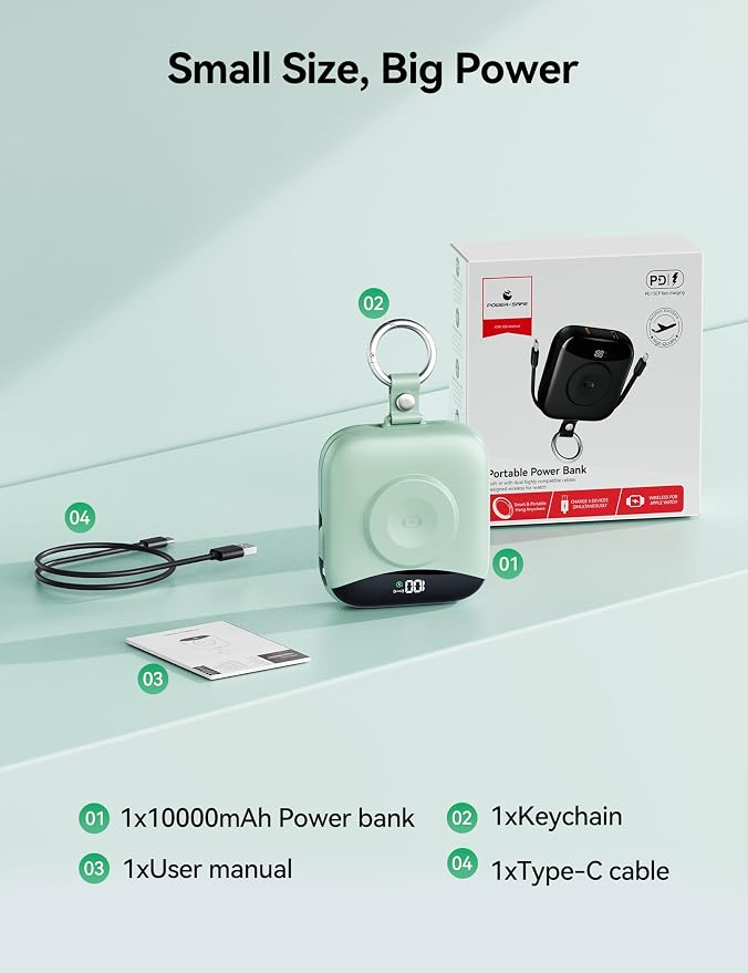 Portable Charger Power Bank, 10000mAh Fast Charging Power Bank with Built-in Cables, Travel Keychain Battery Pack with LED Display for iPhone Samsung Android iPad iWatch Charger 11/10/9/8/Ultra,Green