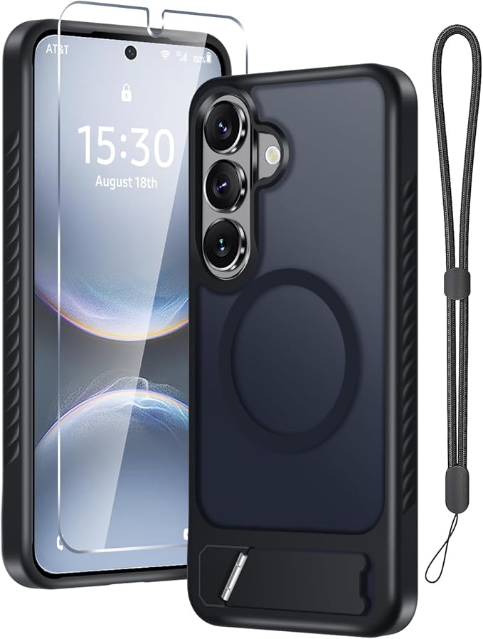 RMOCR for Samsung Galaxy S26 Case with Screen Protector+Lanyard Wrist Strap,Magnetic Translucent Matte Rugged Slim Phone Cover Built in Invisible Kickstand [Fit for MagSafe],2026 Black