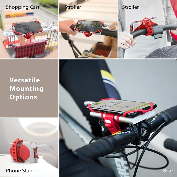 Bone Bike Tie Pro Pack 1, Bike Cell Phone + Charger Mount for Stem, Scratch-Free Silicone Holder, Universal Cycling Phone + Power Bank Holder Compatible with Most Smartphone (Black - 2-in-1 Mount)