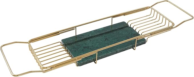 Expandable Bathtub Tray Caddy for Luxury Bath, Extra Wide Acrylic Tub Tray with Natural Marble Board, Waterproof Bath Tub Shelf for Phone, Wine, Book, Tablet Stand - Ideal Home Spa (Gold, Green)
