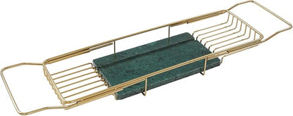 Expandable Bathtub Tray Caddy for Luxury Bath, Extra Wide Acrylic Tub Tray with Natural Marble Board, Waterproof Bath Tub Shelf for Phone, Wine, Book, Tablet Stand - Ideal Home Spa (Gold, Green)
