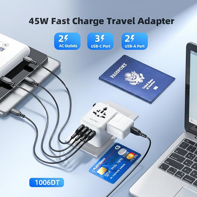 45W Universal Travel Adapter with Multi USB-A & C Ports - All in One Travel Adapter for Charging in Hotels Airports & Cruises- Plug Adapter Safe for Phones & Cameras- Reliable Choice for Daily Travel