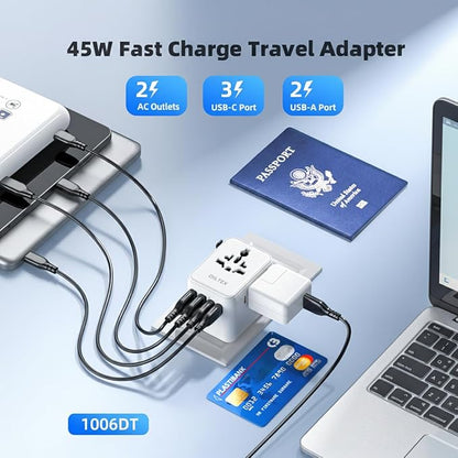 45W Universal Travel Adapter with Multi USB-A & C Ports - All in One Travel Adapter for Charging in Hotels Airports & Cruises- Plug Adapter Safe for Phones & Cameras- Reliable Choice for Daily Travel