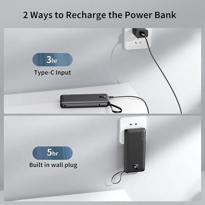 penaover Portable Charger with Built-in Cables&AC Wall Plug,Slim 10000mAh 22.5W Fast Charging Power Bank,5 Output 2 Input USB-C External Battery Pack Compatible with iPhones,Android,Samsung, etc