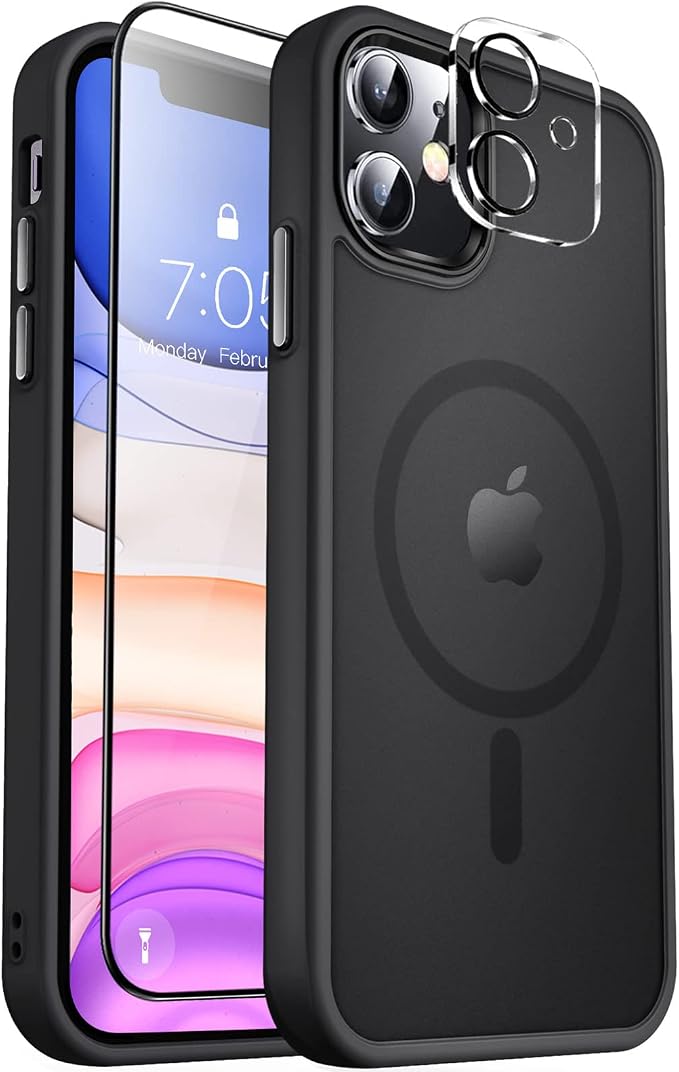 MOCCA Strong Magnetic for iPhone 11 Phone Case,[Compatible with Magsafe][Glass Screen Protector+Camera Lens Protector] Slim Thin Shockproof Cover Case for iPhone 11 6.1 inch, Black