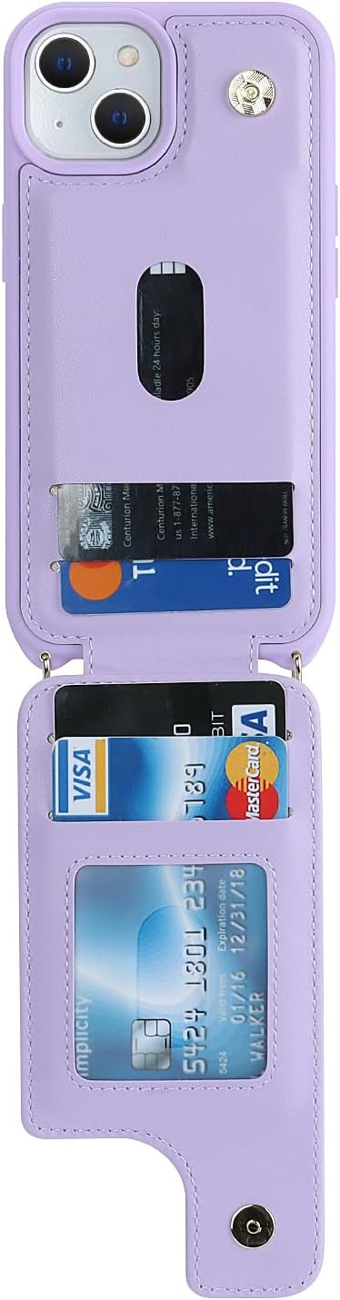 Lipvina for iPhone 14 Plus Case with Card Holder and Strap for Women,Crossbody Lanyard,RFID Blocking,Stand Ring Kickstand,Snap Clasp,Phone Wallet Cases 6.7 inch(Purple)