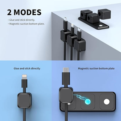 Magnetic Cable Organizer for Desk – Upgraded Wire Clips with Adhesive Base – Desktop Cord Holder for USB, Charging Cables – 6 Clips + 1 Magnetic Base (Black)