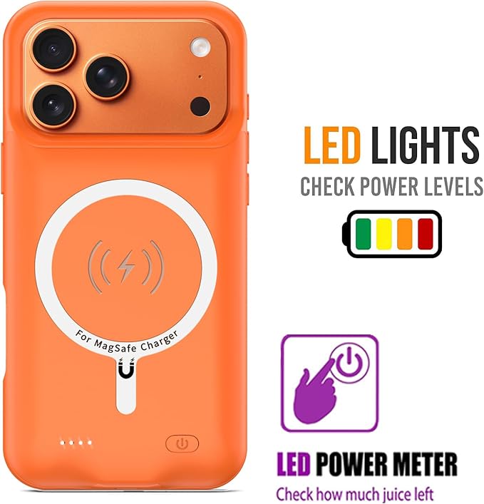 Battery Case for iPhone 17 Pro, 10000mAh Pack Rechargeable Charger Case Support Carplay with Wireless Charging Compatible for iPhone 17 Pro (6.3 inch) External Battery Charging Cover (Orange)