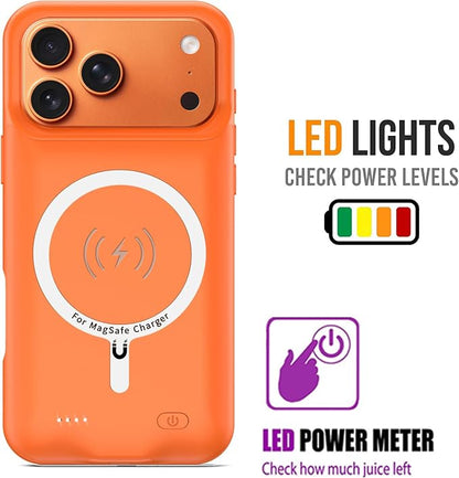 Battery Case for iPhone 17 Pro, 10000mAh Pack Rechargeable Charger Case Support Carplay with Wireless Charging Compatible for iPhone 17 Pro (6.3 inch) External Battery Charging Cover (Orange)