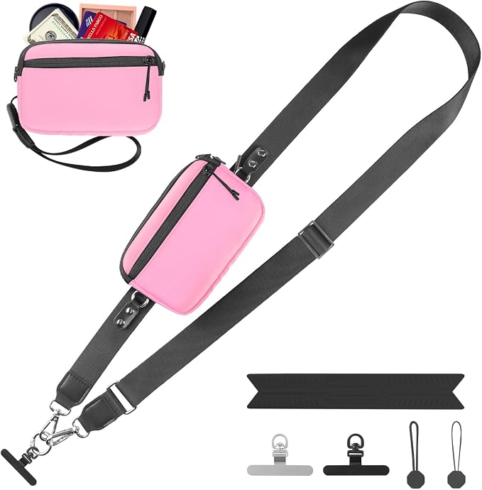 YFWE Clip and Go Strap for Phone with Wallet Crossbody, Adjustable Phone Lanyard with Detachable RFID Wristlet Wallet & Ultra-Thin 360° Rotatable Metal Tabs for All Smartphones (Pink)