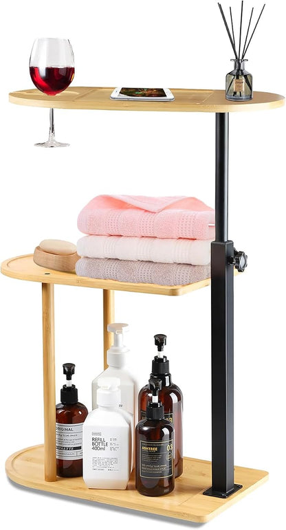 3 Layer Bamboo Bathtub Tray Table, Modern Design with 360 Swivel, Height Adjustable, Phone & Wine Glass Slots, Space-Saving for Bathroom, Bedroom, Kitchen