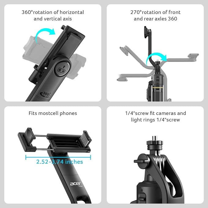 Acer Gadget Auto Face Tracking Tripod for iPhone – Gesture Control Detachable Mini Ring Light 64" 360 Degree AI Tracking Phone Tripod for Vlogging YouTube TikTok Video Recording