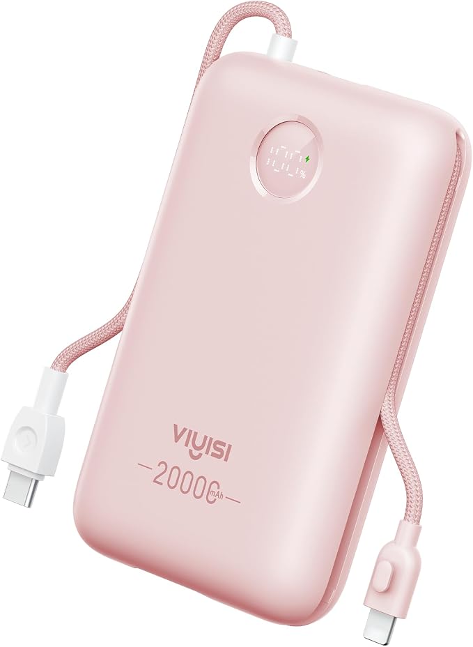 VIYISI Power Bank 20000mAh 30W Fast Charging with Built-in Cables, Pink | LED Display, bulit-in USB C&Lighting cables for iPhone 17/16/15/14, Samsung, iPad and Android Phones