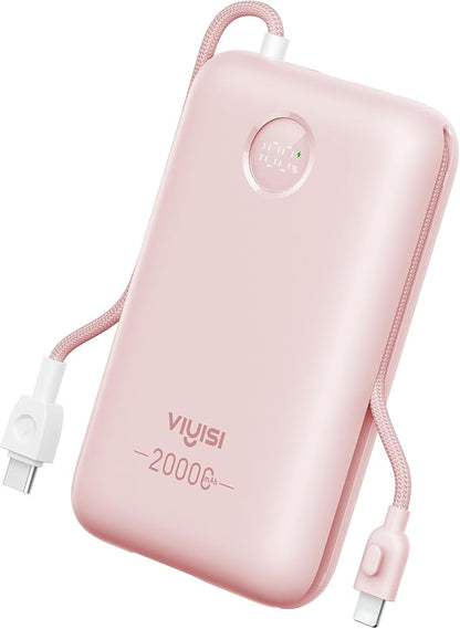 VIYISI Power Bank 20000mAh 30W Fast Charging with Built-in Cables, Pink | LED Display, bulit-in USB C&Lighting cables for iPhone 17/16/15/14, Samsung, iPad and Android Phones