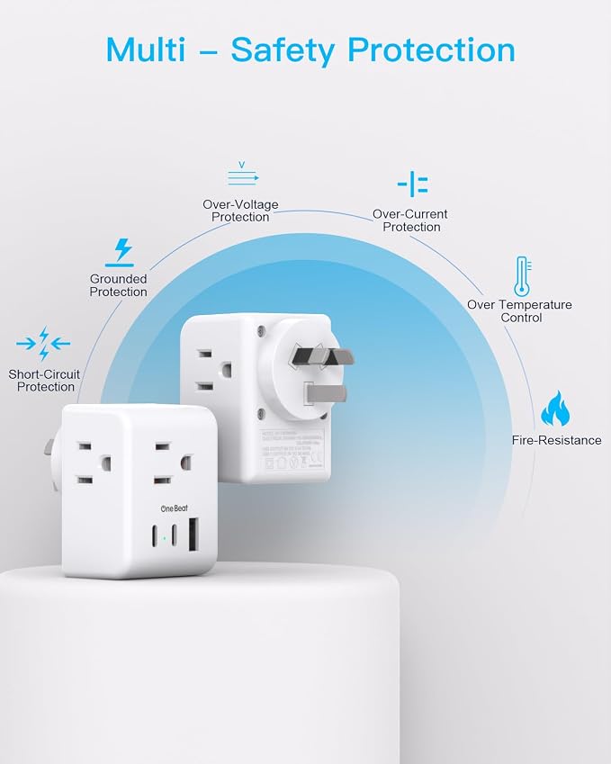 One Beat 2 Pack Australia New Zealand Travel Plug Adapter, Type I Plug Adapter with 3 American Outlets and 3 USB Ports (2 USB-C), Travel Essentials for USA to Australia, Argentina, China, Fiji