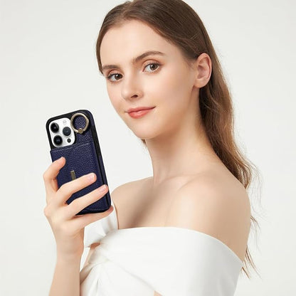 Keallce Wallet Case for iPhone 16 Pro Max 6.9'', Flip Case with Card Slots, Ring Holder Kickstand, PU Leather Protective Folio Cover for Women, Navyblue