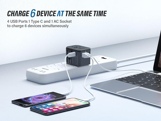 EPICKA Universal Travel Adapter, European Travel Plug Adapter - International Power Adapter Worldwide Charger with USB-C & 4 USB-A Ports, Travel Essentials for Italy, UK, Japan (TA-105, Space Grey)