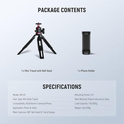 NEEWER Entry Level Version Mini Tripod for Camera, 360° Small Desk Portable DSLR Webcam Cell Phone Mount Holder Stand Selfie Stick Grip Compatible with iPhone Samsung Android Video Recording, GM-2G