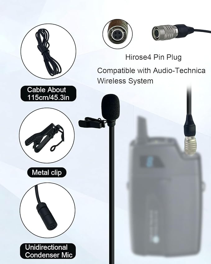 4Pin Plug Lavalier Lapel Microphone for Audio-Technica Wireless Transmitter, 1.5M Wired Unidirectional Condenser Mic for YouTube, Lectures, Living Performance - Mini Hirose 4 Pin Plug