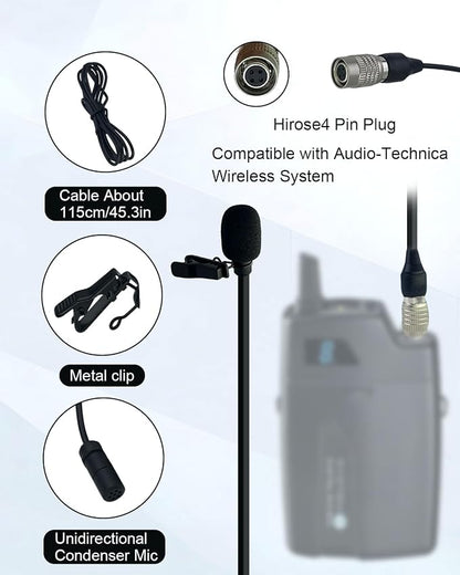 4Pin Plug Lavalier Lapel Microphone for Audio-Technica Wireless Transmitter, 1.5M Wired Unidirectional Condenser Mic for YouTube, Lectures, Living Performance - Mini Hirose 4 Pin Plug
