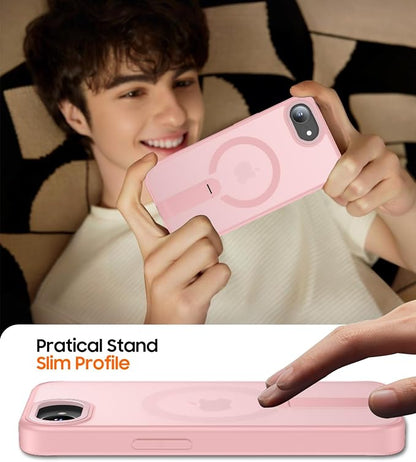 for iPhone 16e Case with Stand, Fit for MagSafe, Slim Translucent Matte Military-Grade Drop Protection Magnetic Kickstand Cover, Pink