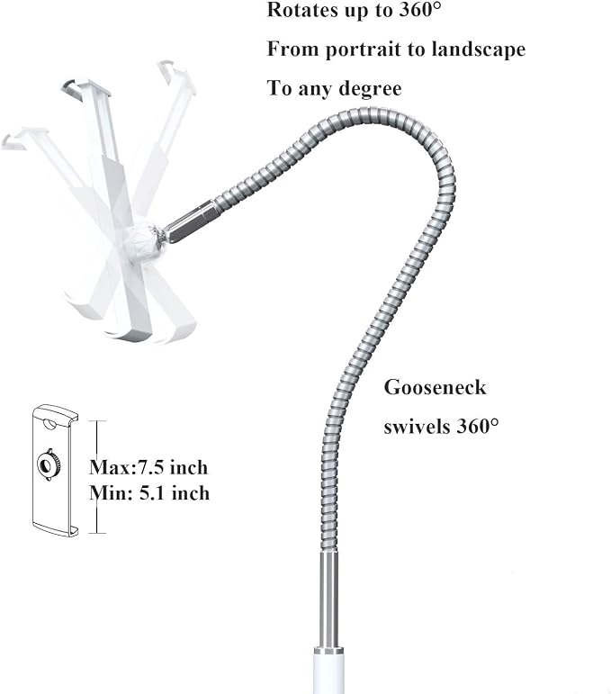 Tablet Floor Stand with Flexible Gooseneck and Stable Aluminum Base Suitable for 3.5” - 10.6” Smart Phone & Tablet White