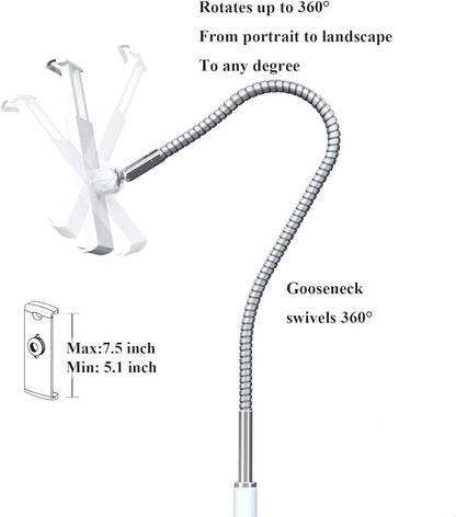 Tablet Floor Stand with Flexible Gooseneck and Stable Aluminum Base Suitable for 3.5” - 10.6” Smart Phone & Tablet White