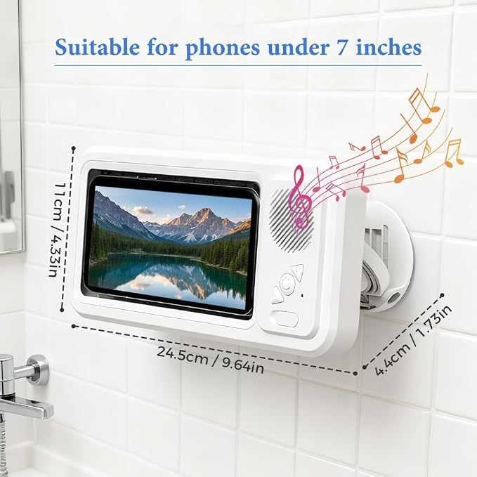Shower Phone Holder Waterproof with Speaker and Key Control, Wall-Mounted Water Proof Anti Fog Case, Built-In Wireless Speaker, 360° Rotatable, Extendable and Adjustable, Waterproof Screen Touch