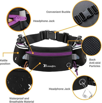Number-one Running Belt with Water Bottles(2 x 175ML), Hydration Belt Waterproof Waist Pack Bag Fits iPhones Adjustable Sports Waist Pouch for Marathon Running Hiking Cycling, Purple
