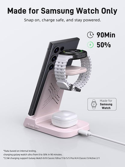 Wireless Charger Samsung Charging Station: 3 in 1 Android Charging Stand with Dimmable Clock - Nightstand Organizer for Galaxy S25 Ultra S24, Galaxy Watch 8 7 6 5 4, Galaxy Buds, Space-Saving Charger