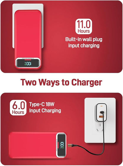 Nusyddy Portable Charger 20000mAh 22.5W w/Built-in Cables & Wall Plug Red | 22.5W Fast Charging, High Capacity, LED Display, Charge 5 Devices at once, TSA Approved, Compatible with iPhone/iPad/Samsung