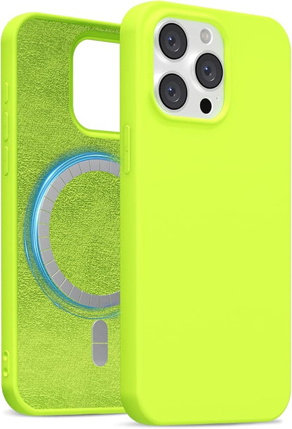 for iPhone 14 Pro Max Case Silicone Compatible with Magsafe Case, Ultra Slim Thin Magnetic Phone Cases Mag Safe, Cute Soft Rubber Gel Matte Plain Wireless Charging Cover for Women, Neon Green