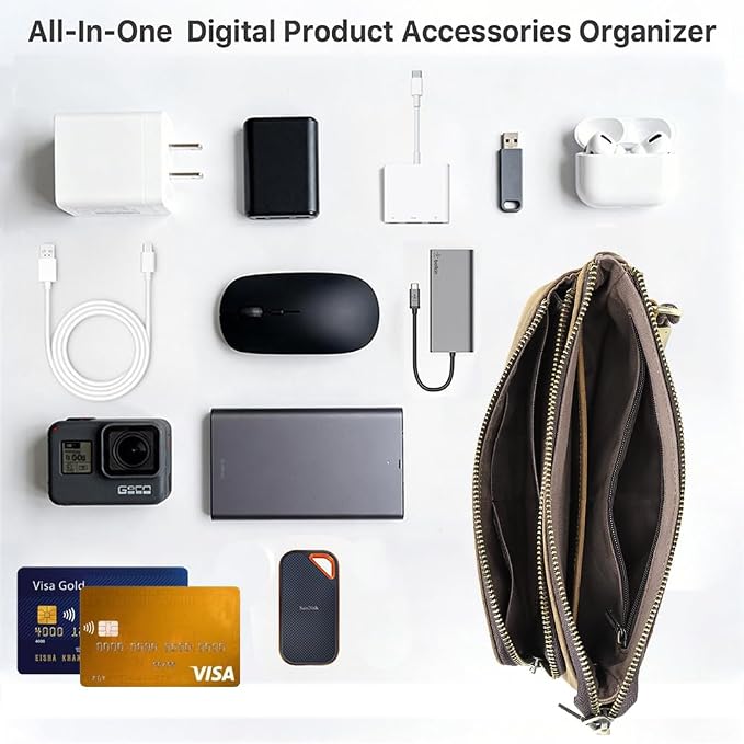CONTACTS Crazy Horse Leather Travel Electronic Organizer Cables Chargers Accessories Storage Case Holder Clutch Bag with 3 Compartments