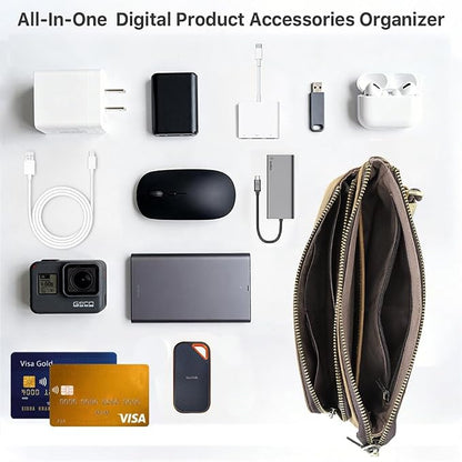 CONTACTS Crazy Horse Leather Travel Electronic Organizer Cables Chargers Accessories Storage Case Holder Clutch Bag with 3 Compartments