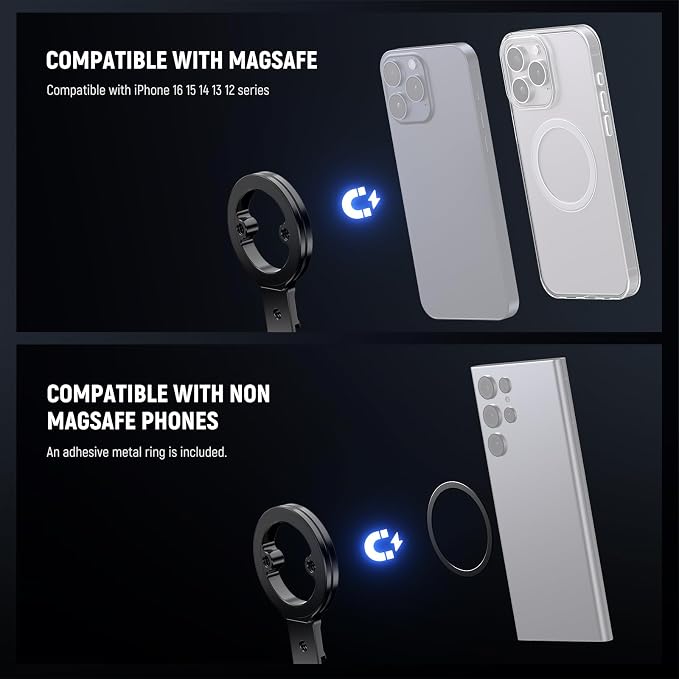 NEEWER Magnetic Phone Tripod Holder Stand, Metal Cell Phone Mount Grip with 1/4" Threads, Cold Shoe & Arca Type, Compatible with MagSafe iPhone Samsung Huawei Android for Video Recording, PA098